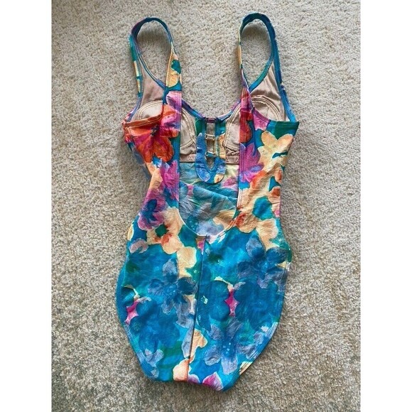 Vintage La Blanca Size 6 Swimsuit Flroal 1 Piece Plunge Front Low Back High Cut - Picture 4 of 9